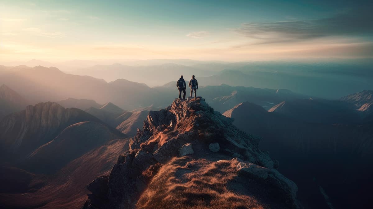 Two people standing on a mountain summit at golden hour, looking out over a sweeping landscape